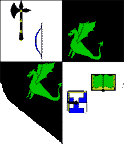 Per Cross argent and Sable, Wyverns Statant Vert, Langued Gules, a Broad Axe Hafted Pean, Headed Sable in dexter chief , a Bow Azure, Stringed Ermines, a Book Open Vert, Bound Sable, a Book Closed Potent, Tooled Sable in base
